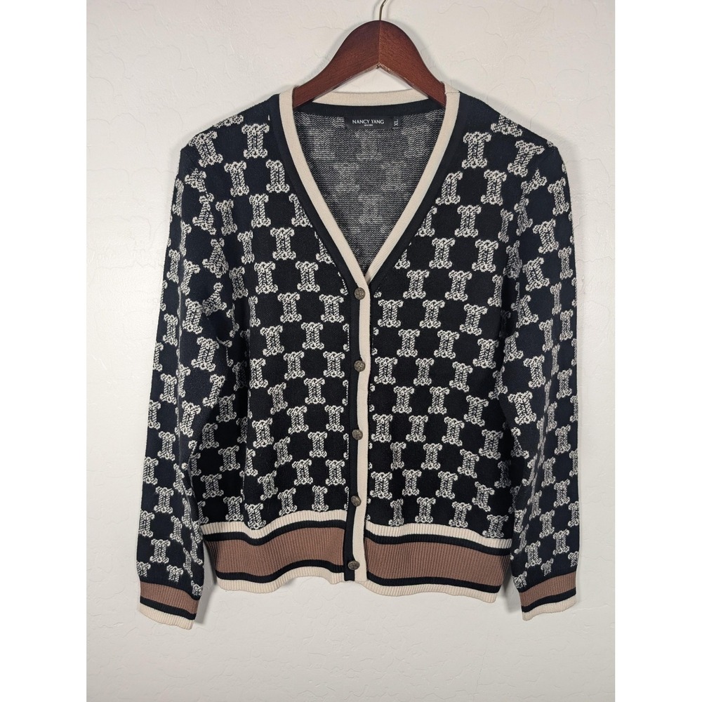 Nancy Yang Cardigan Sweater Womens XL Black Geometric Button Front Contrast Trim